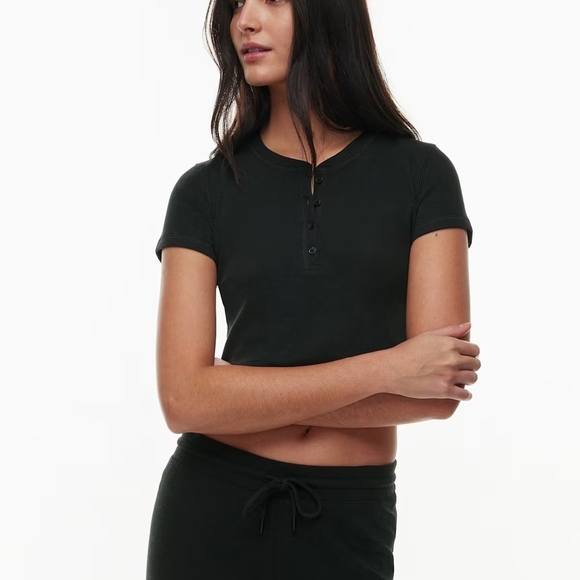Sunday Best Tops - Aritzia Sunday Best Black Waffle Henley Baby Tee – Size XS